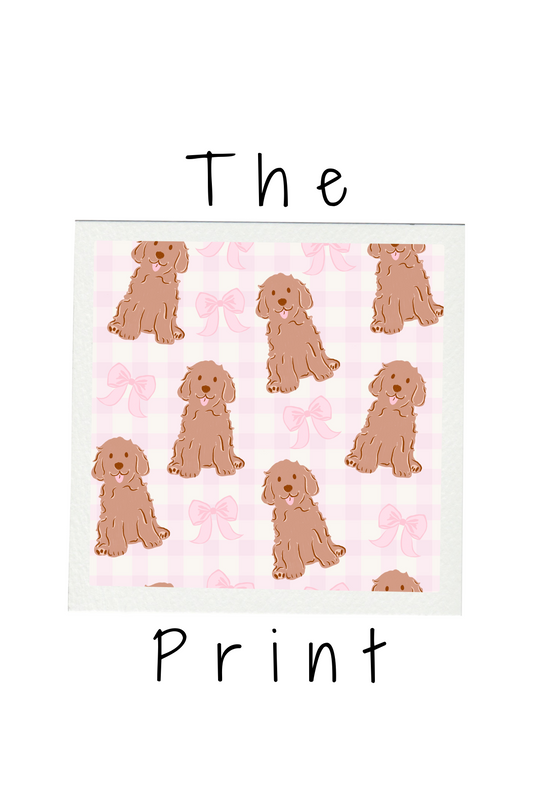 Pattern with brown dog illustrations on a pink background with bow ties, labeled 'The Print'.