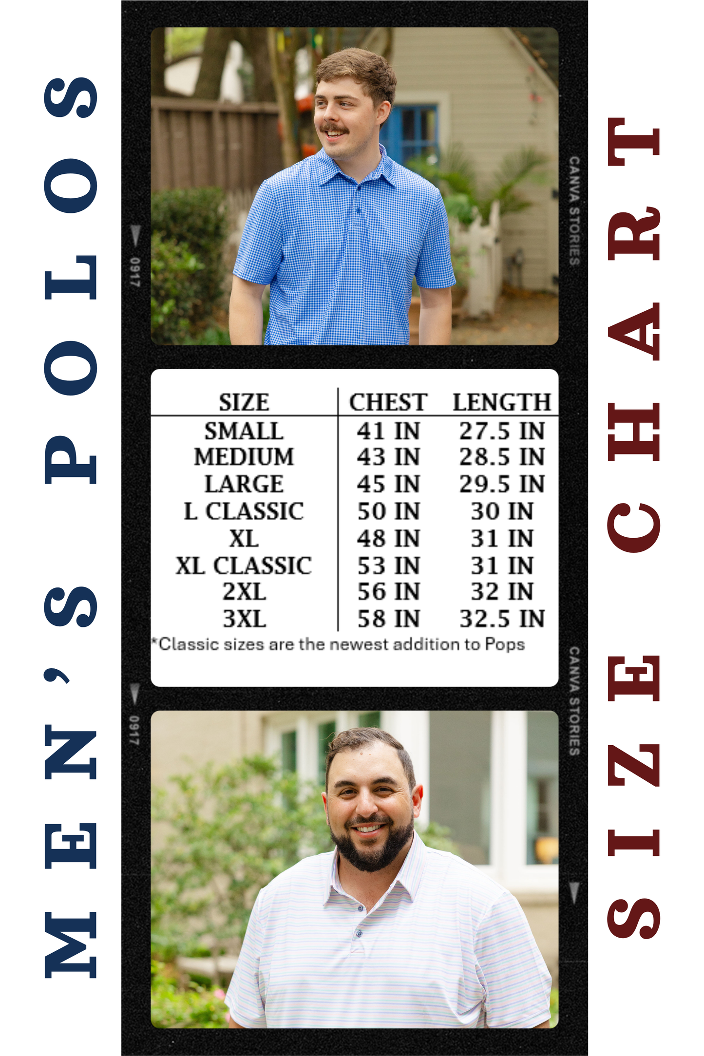 An advertisement image showing two men wearing polos in different sizes, with a size chart below them. The polos are displayed in a casual, outdoor setting.