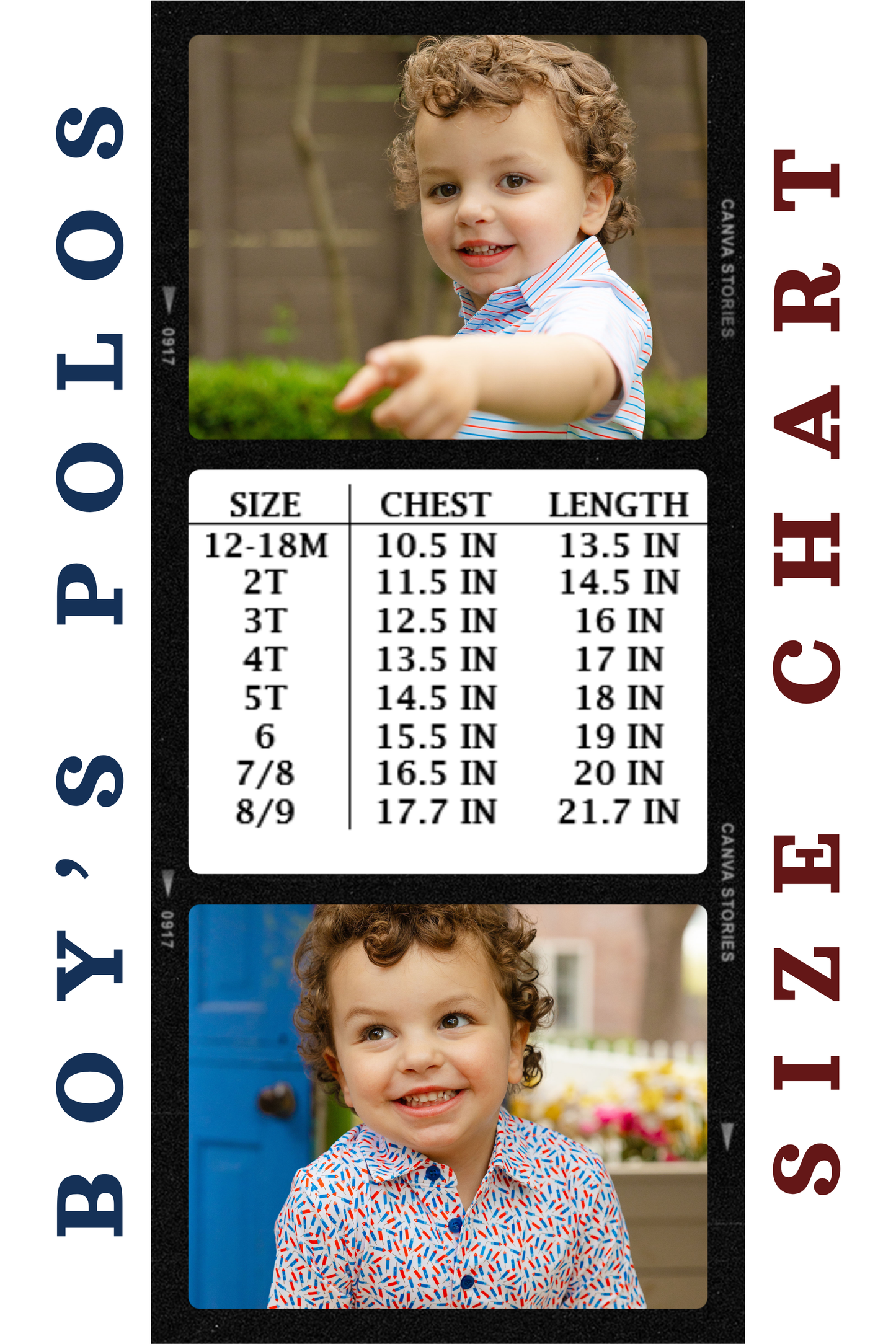 Boy polo size chart for size 12/18m - 8/9 with two boys wearing polos.