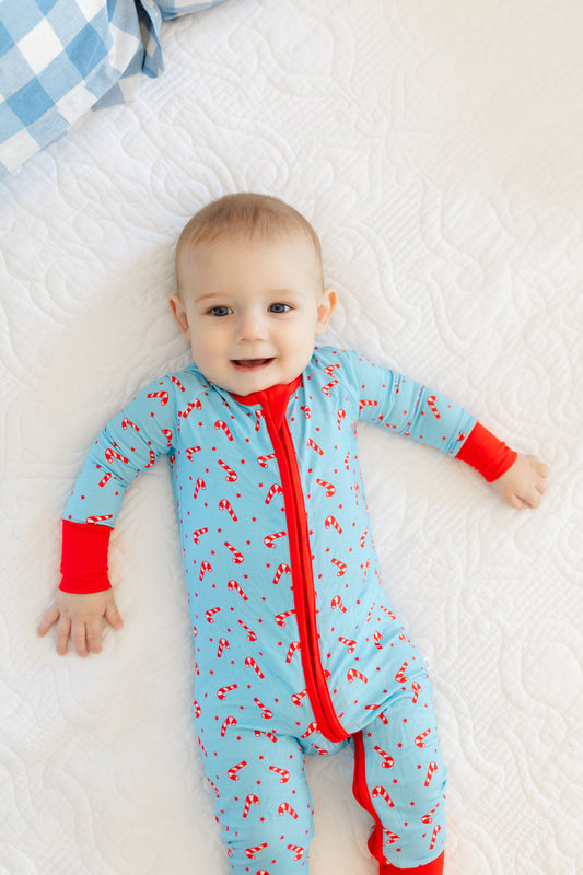 Blue Candy Cane Zipper Romper