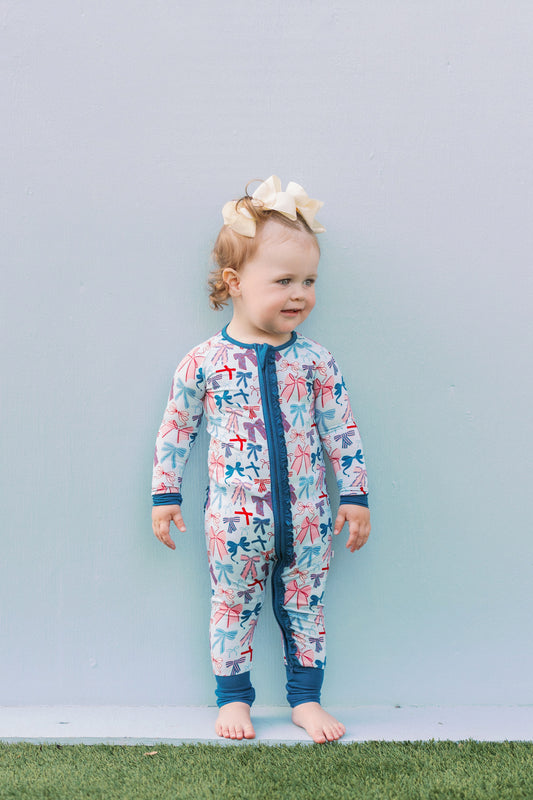 Blue Patriotic Bows Premium Ruffle Romper (FINAL SALE)