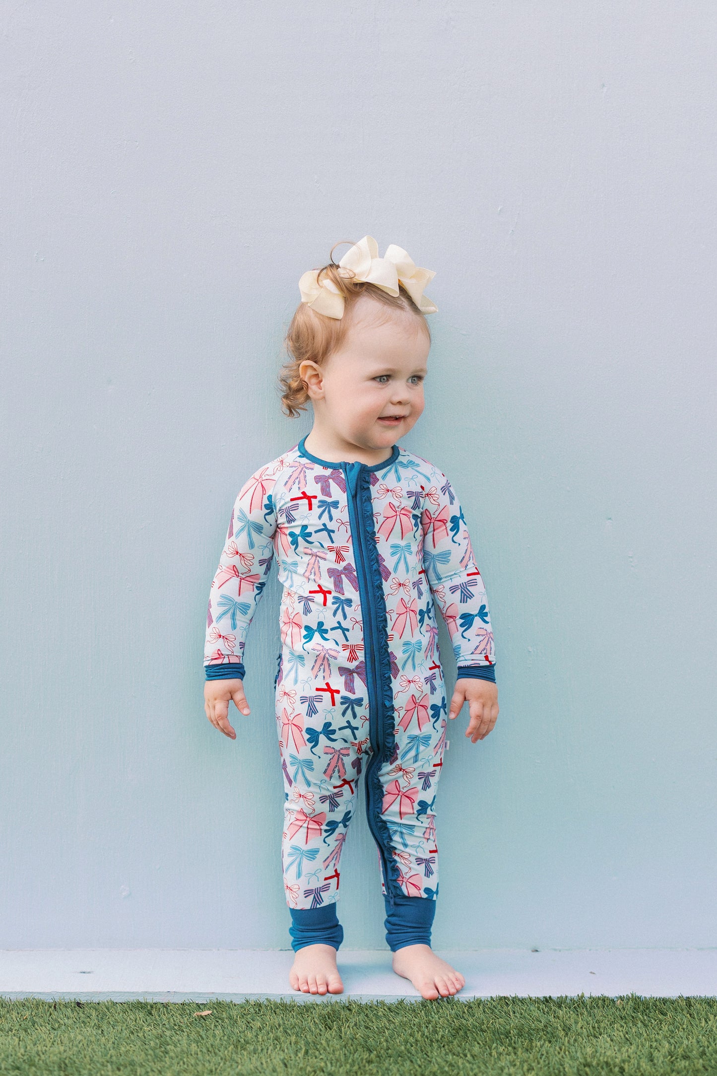 Blue Patriotic Bows Premium Ruffle Romper