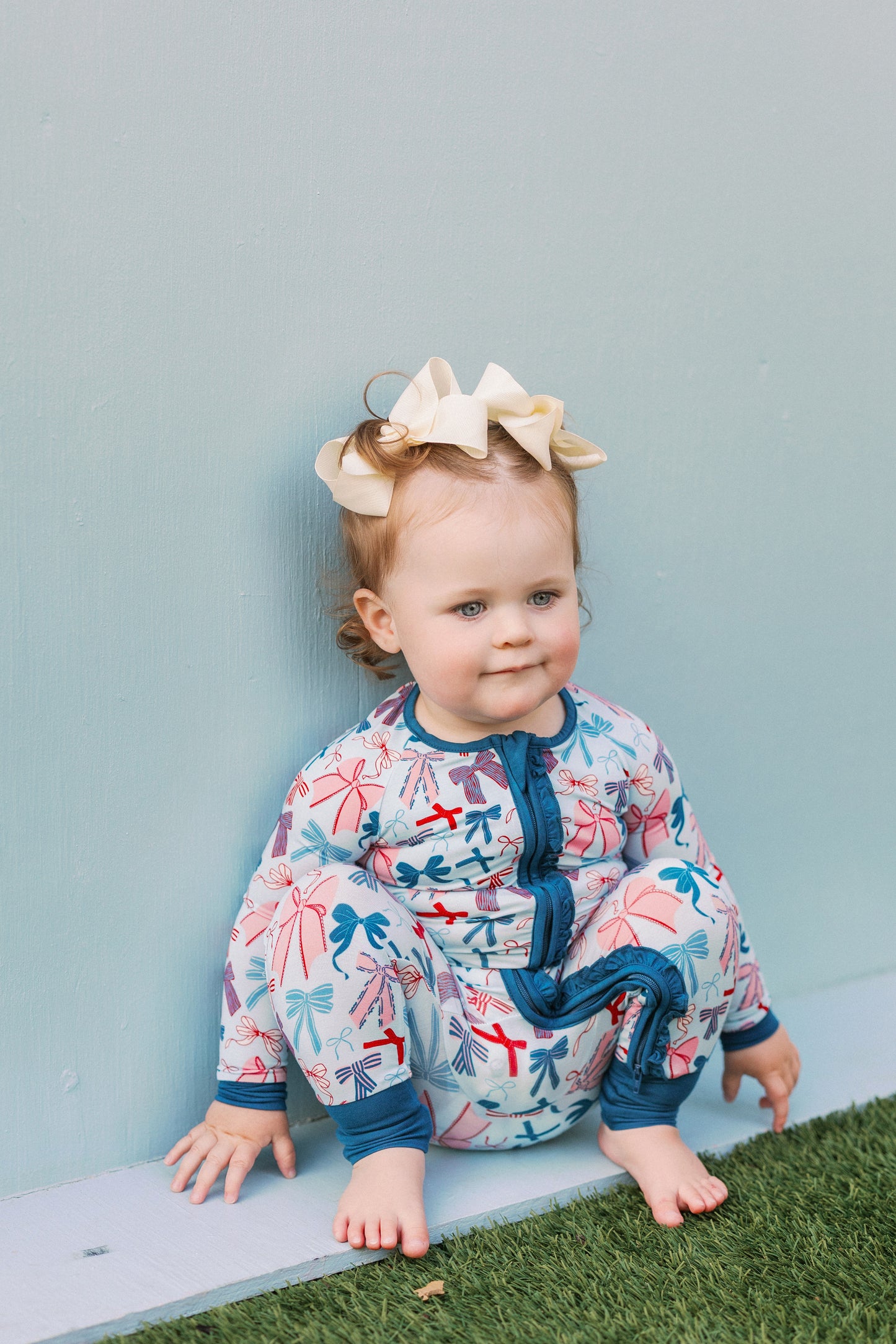 Blue Patriotic Bows Premium Ruffle Romper