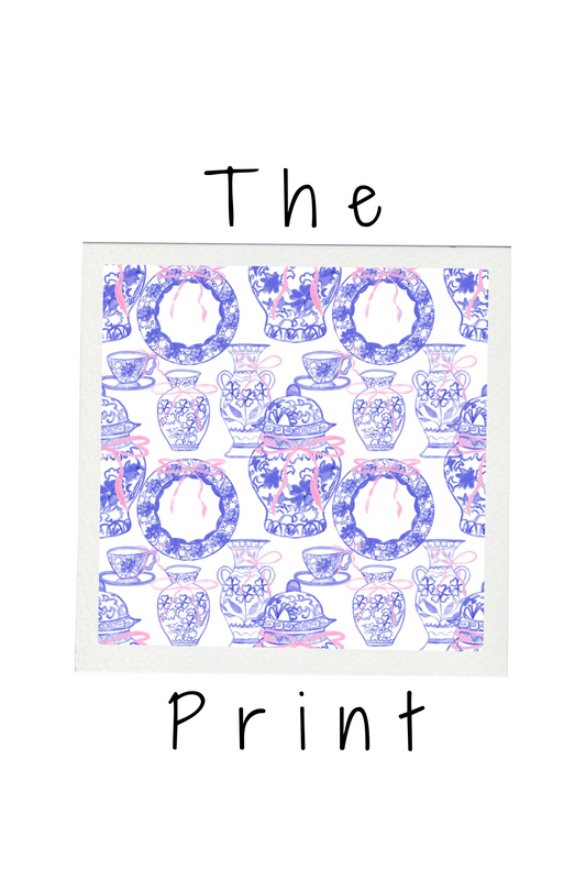 Pattern of teapots with 'The Print' text on a white background