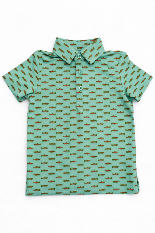 Green fish polo shirt for boys with small pattern on a white background