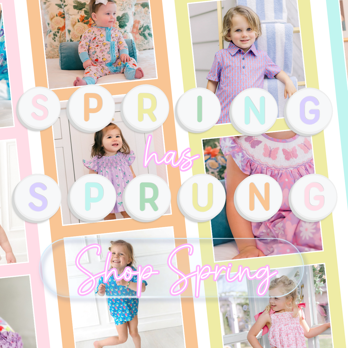 Poppy Kids Co spring collection with kids wearing floral smocked dresses, bamboo pajamas, and pastel prints in a cheerful collage