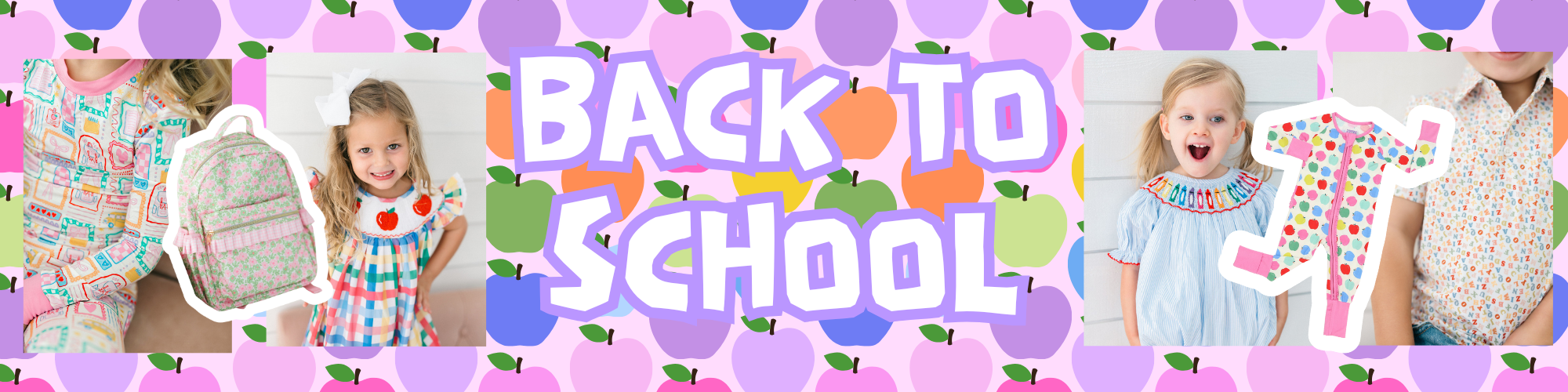 Back to school collection featuring colorful kids backpacks and lunchboxes with apple print designs from Poppy Kids Co.