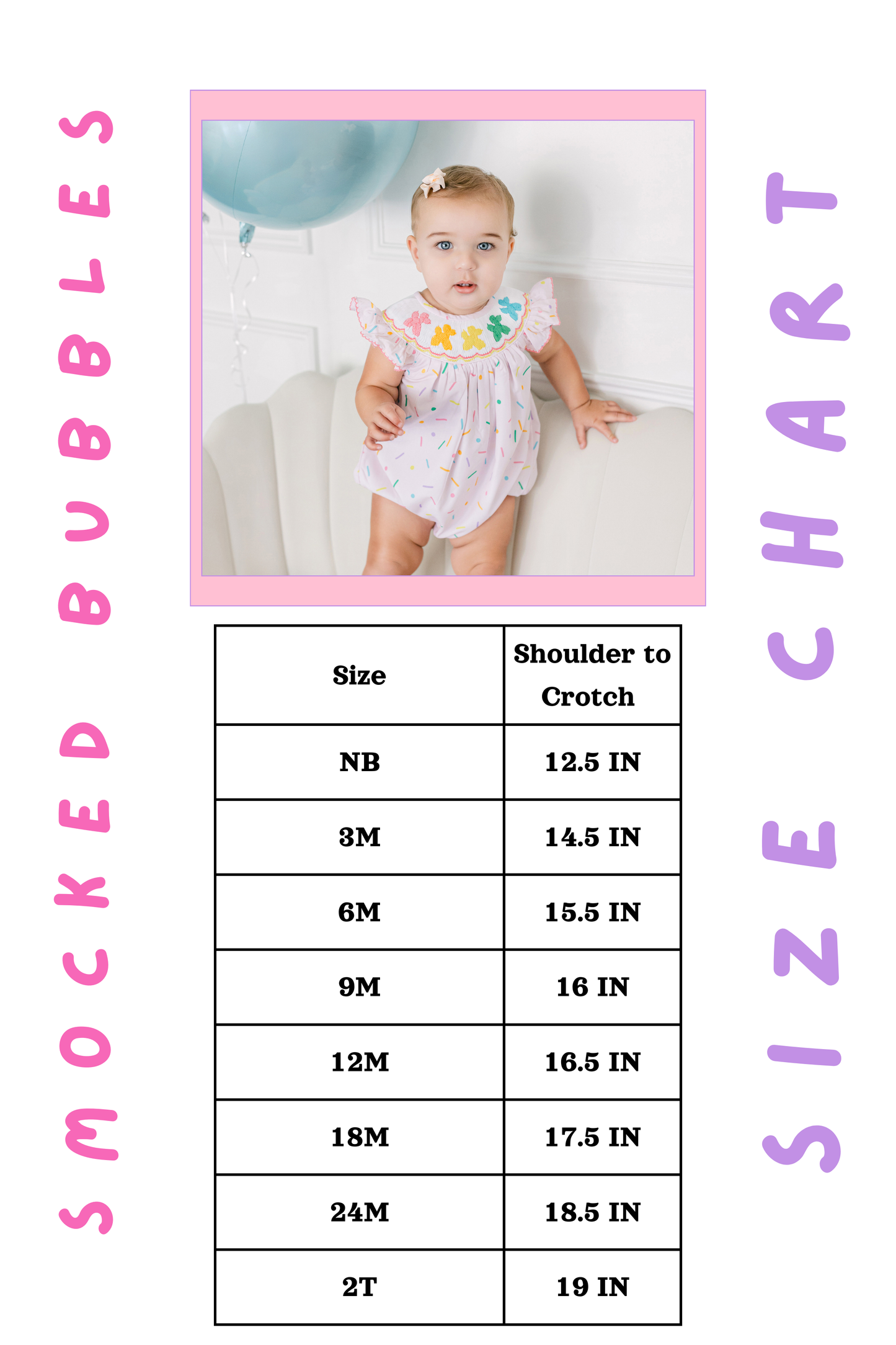Baby girl wearing a colorful smocked bubble romper seated on a chair above a baby clothing size chart with measurements.