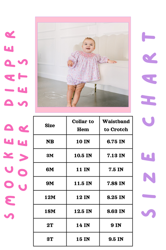 Smocked diaper cover set size chart for sizes NB to 3t and a frame of a girl in a diaper cover set that is pink and purple