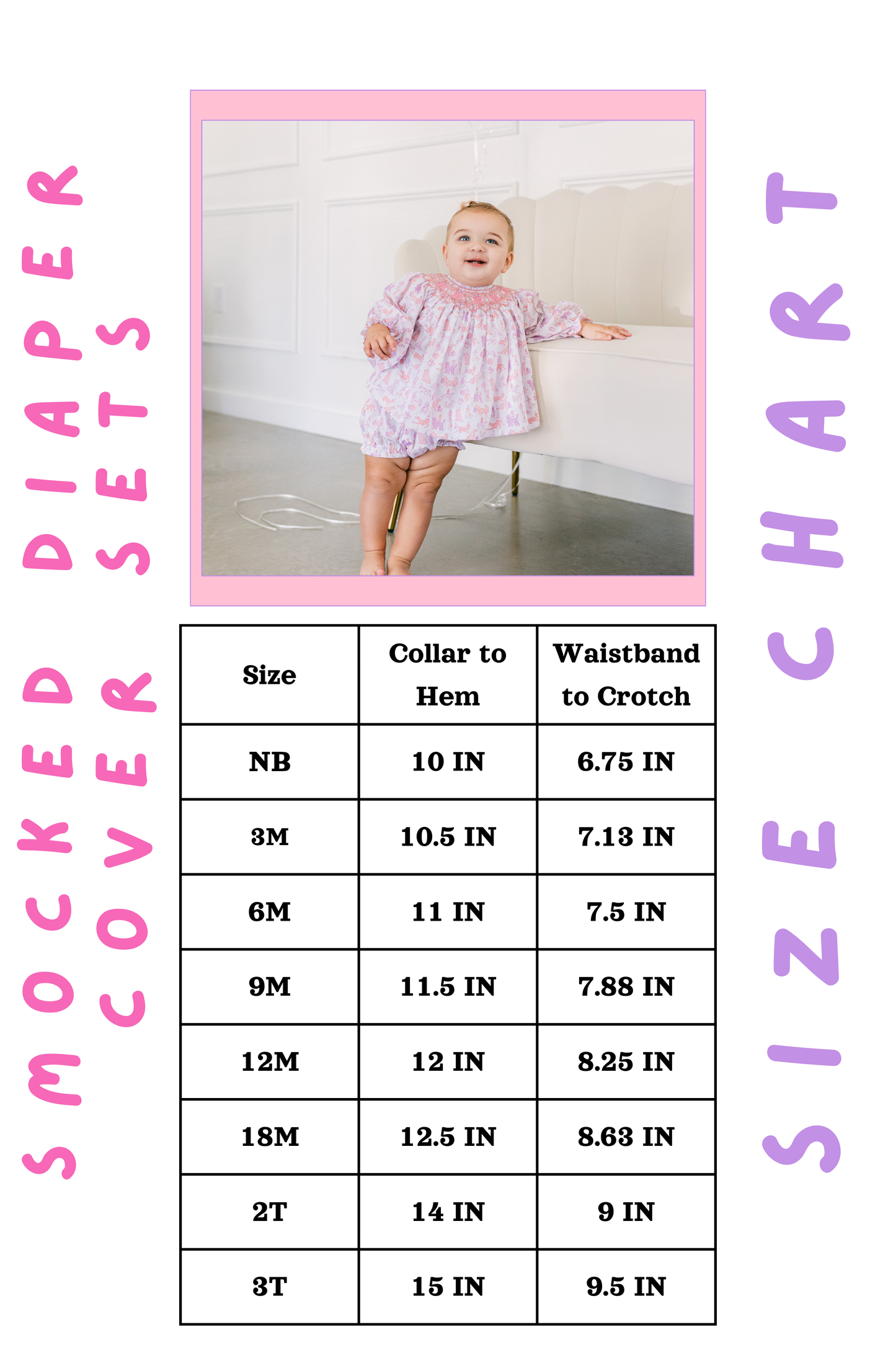 Smocked diaper cover set size chart for sizes NB to 3t and a frame of a girl in a diaper cover set that is pink and purple