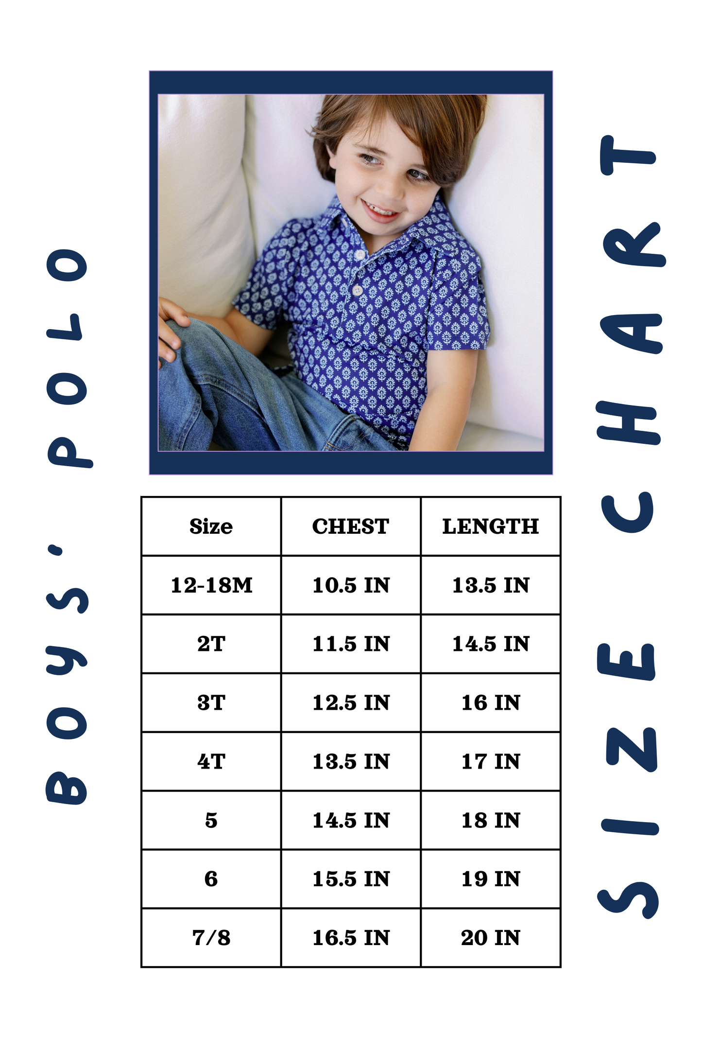 Size chart for boys' polo shirts with a photo of a child wearing a blue patterned shirt.