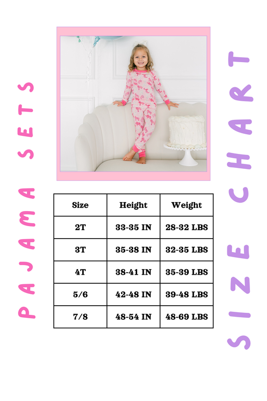 Size chart for pajama sets with a child model on a couch.