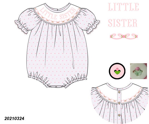 Drawing of little sister bubble smocked with pink flowers and pink dots