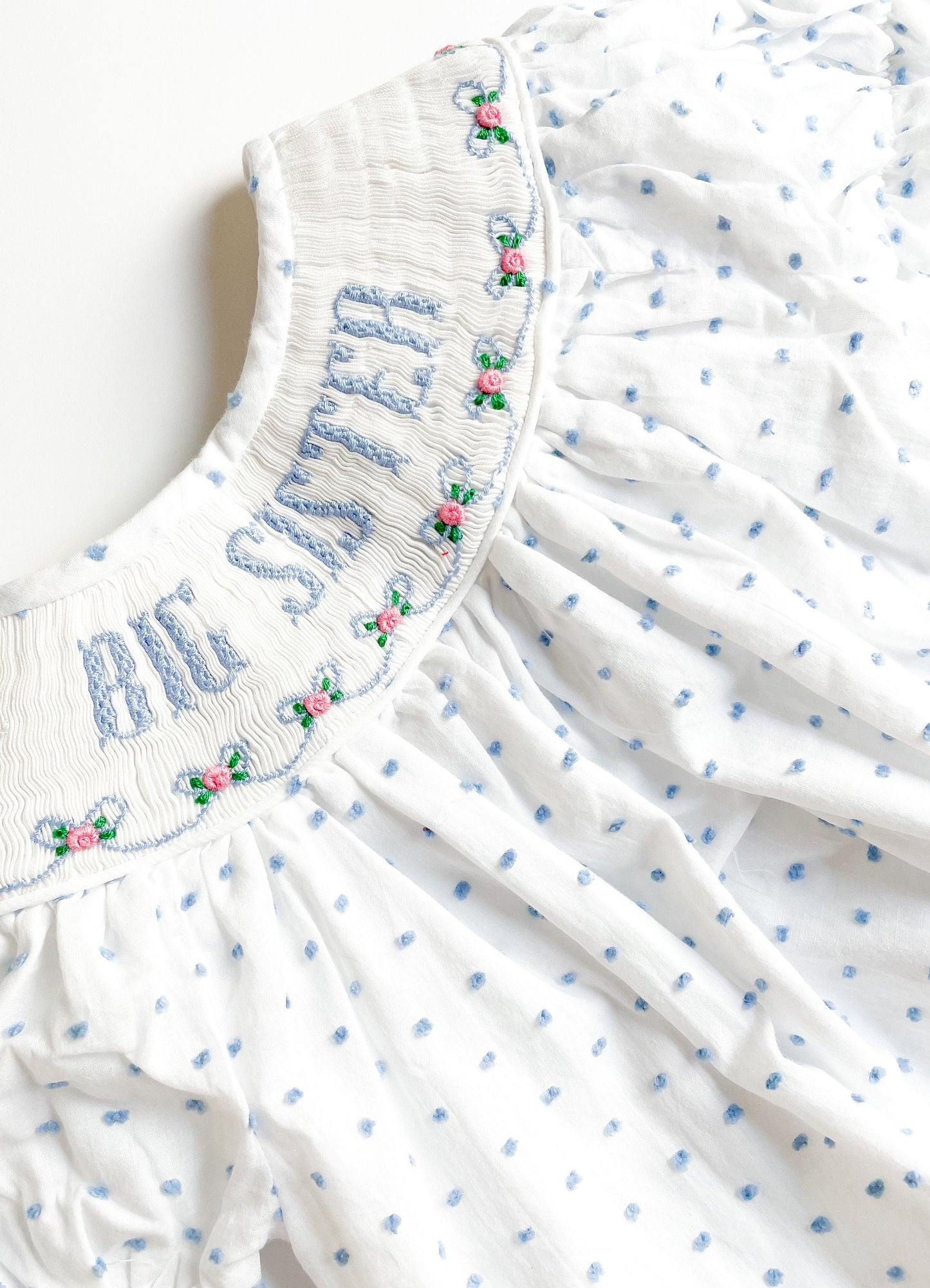 Big sister dress smocked with pink flowers and blue dots