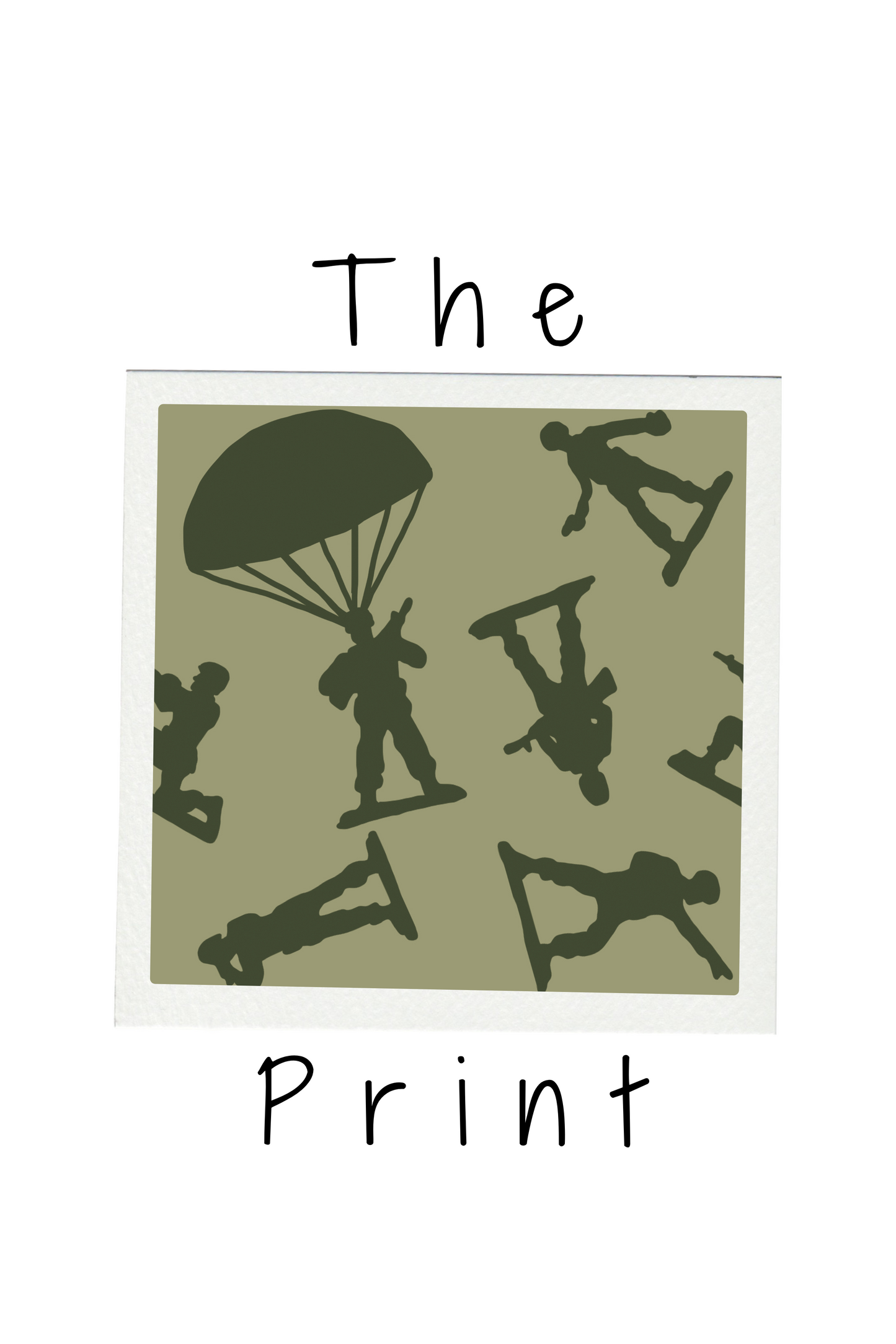 Silhouette design of soldiers with parachutes on a green background, labeled 'The Print'.
