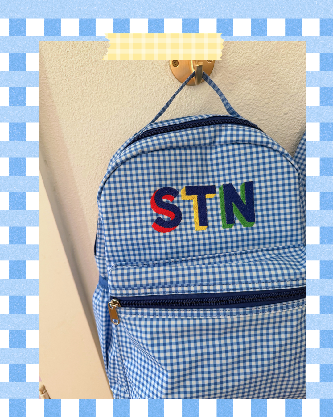 COLOR BLOCK Initials Blue Gingham Backpack (SHIPS MID JULY)