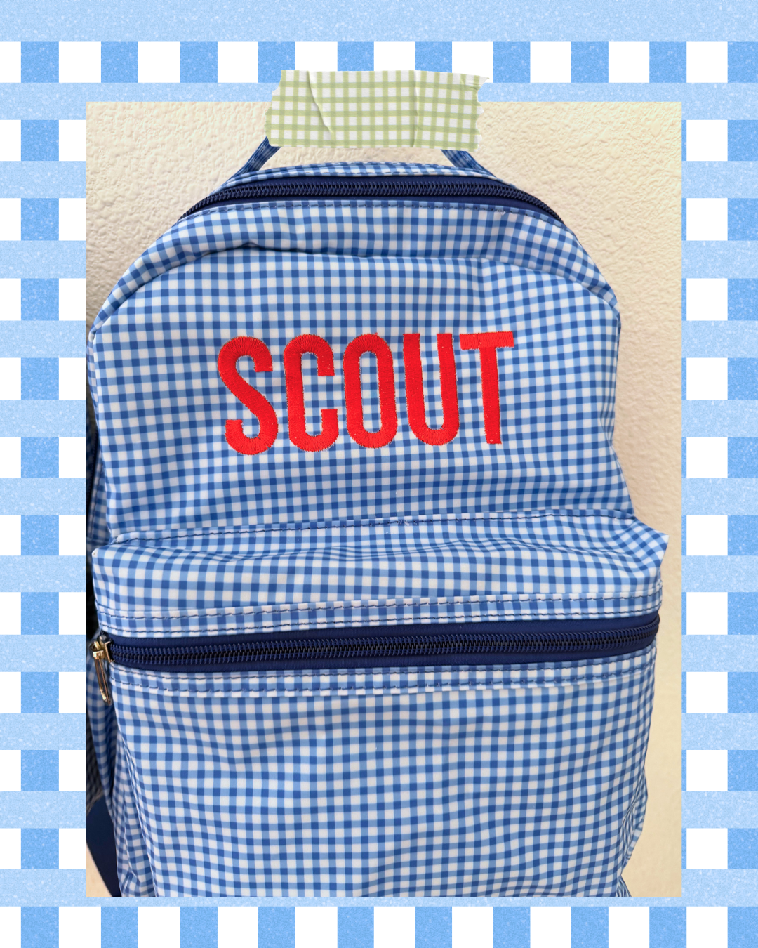 RED NAME Blue Gingham Backpack (SHIPS MID JULY)