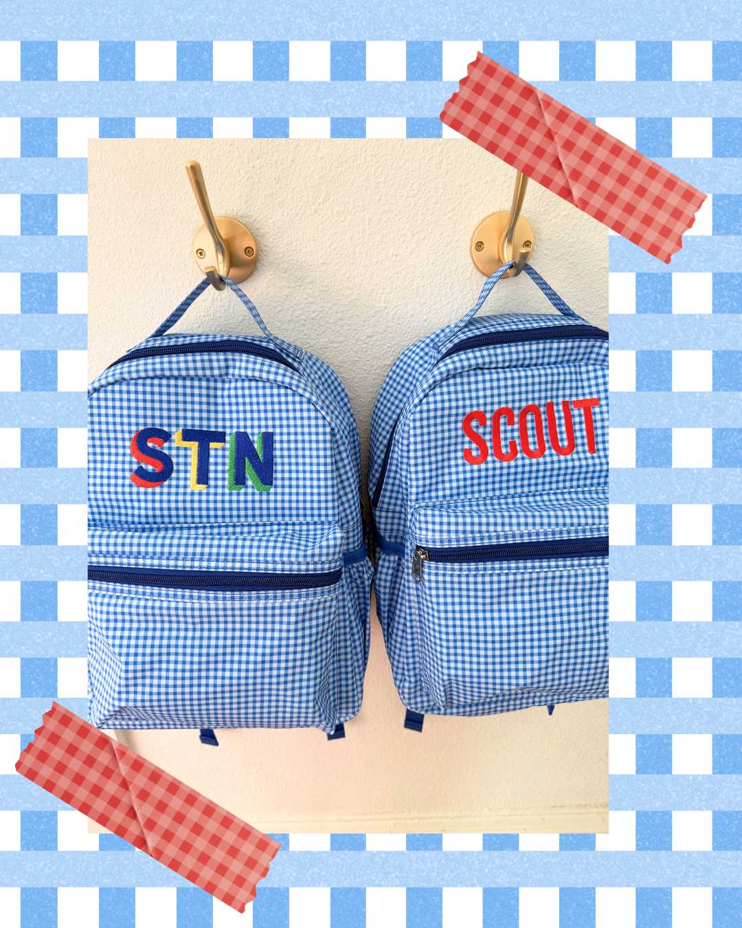 RED NAME Blue Gingham Backpack (SHIPS MID JULY)