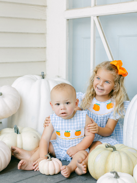 Girl & boy smocked outfits with pumpkins for Fall.