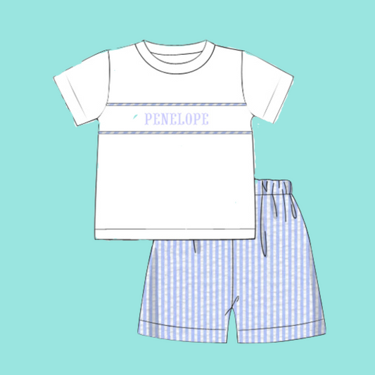 Personalized Light Blue Seersucker T-Shirt Set PREORDER (Ships Mid/Late August)