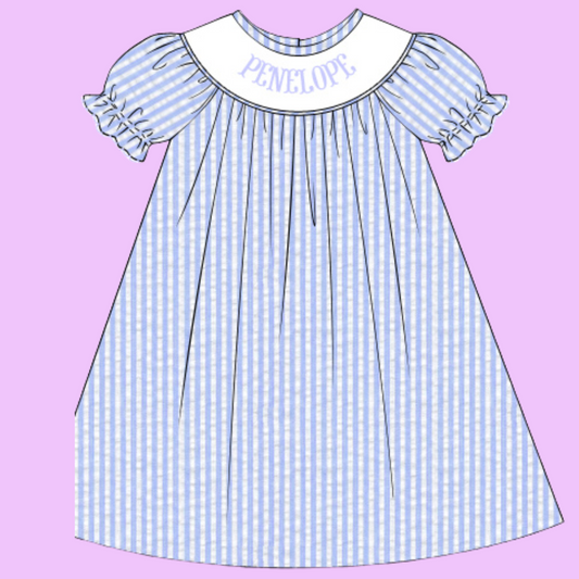 Personalized Light Seersucker Blue Dress PREORDER (Ships Mid/Late August)