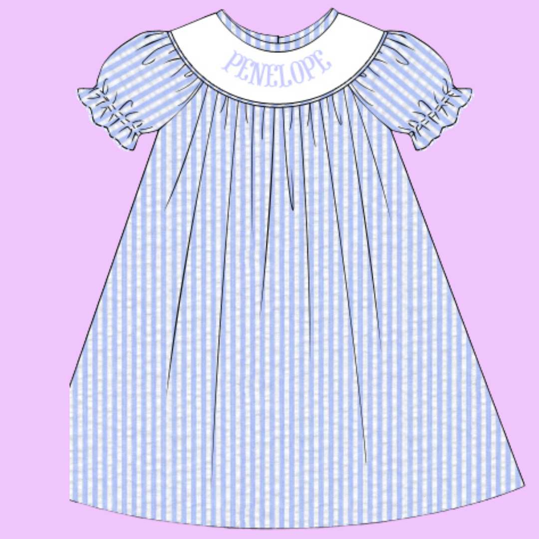 Personalized Light Seersucker Blue Dress PREORDER (Ships Late May/Early June)