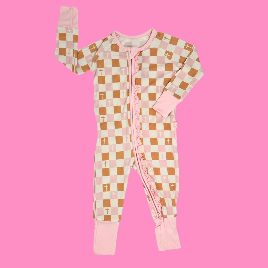 Pink Easter Cross Premium Ruffle Romper nb