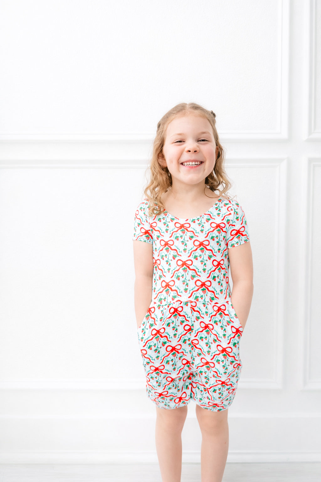 Girls Strawberry blue and red bow bamboo short sleeved outfit