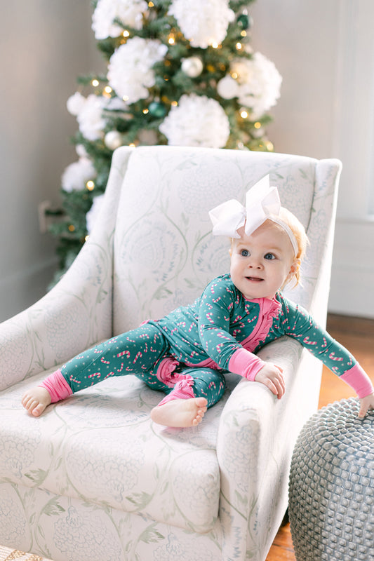 Pink and Green Candy Cane Premium Ruffle Romper