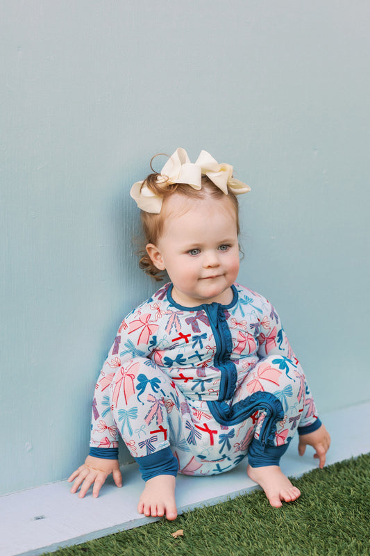 Blue Patriotic Bows Premium Ruffle Romper
