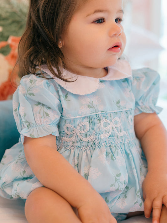 Child wearing a light blue floral bubble with white collar sitting on a couch.