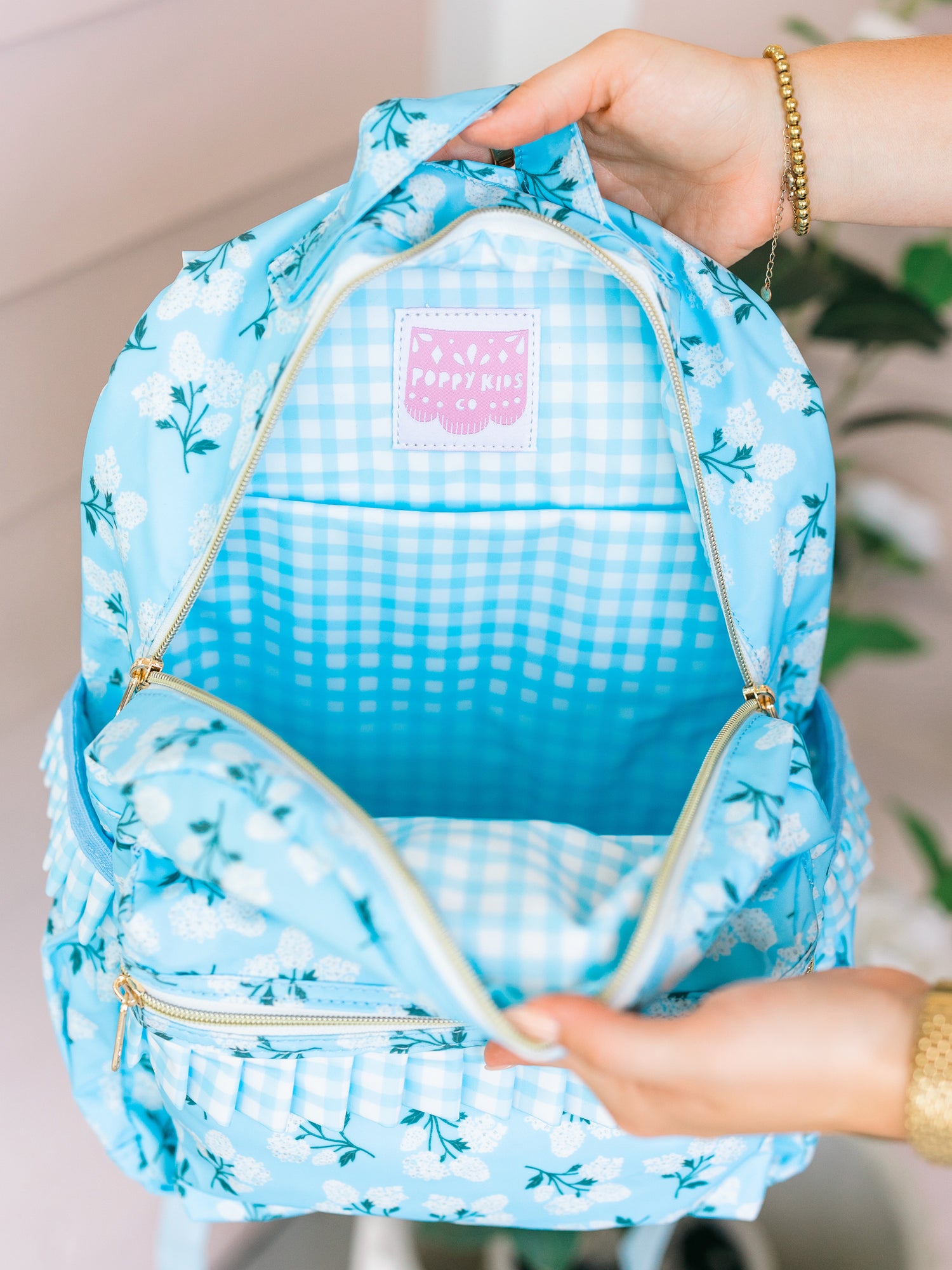 blue floral mini backpack Blue Hydrangea Wipeable Backpack I Poppy Kids Co