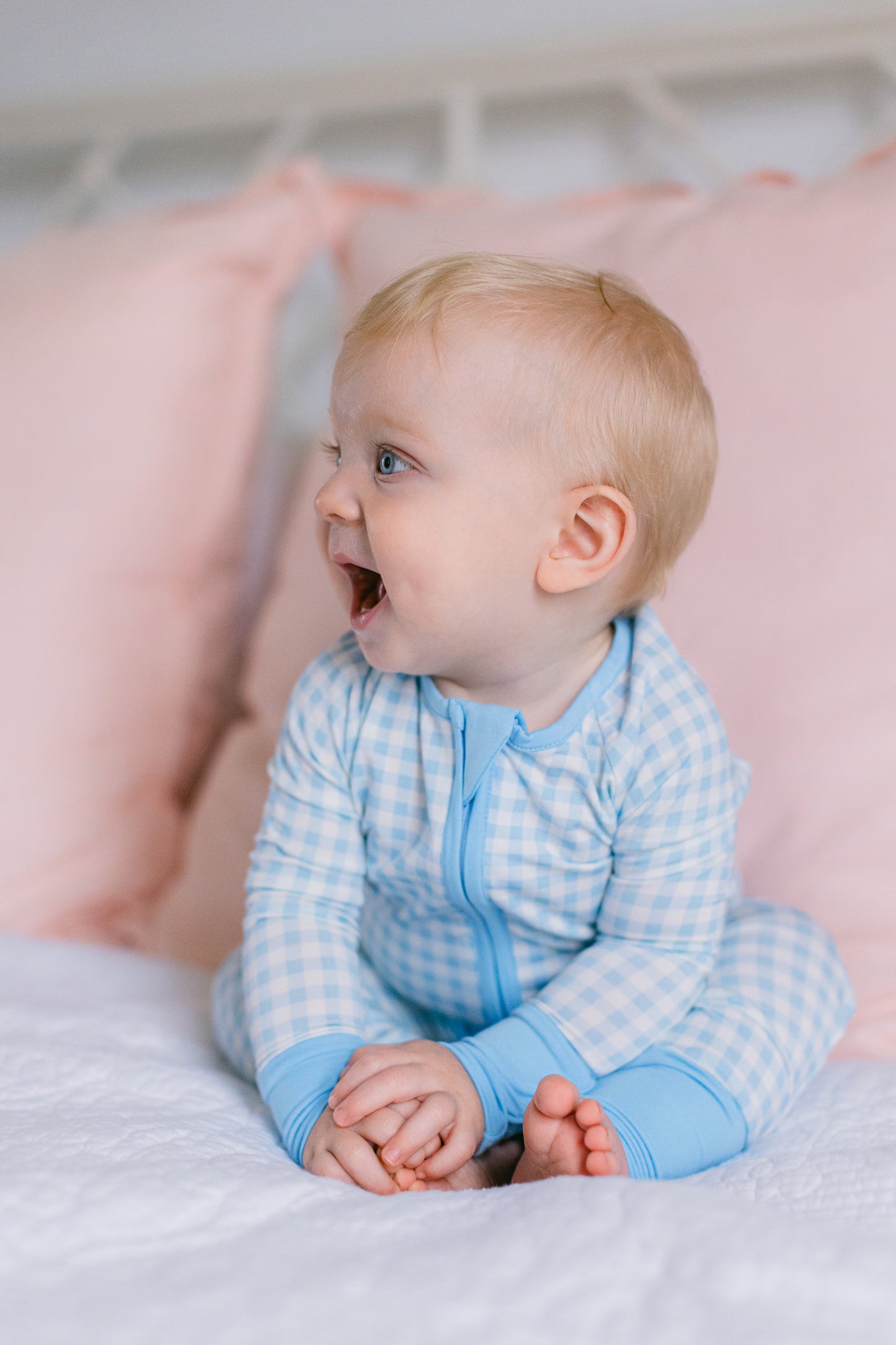 Light Blue Gingham Premium Zipper Romper