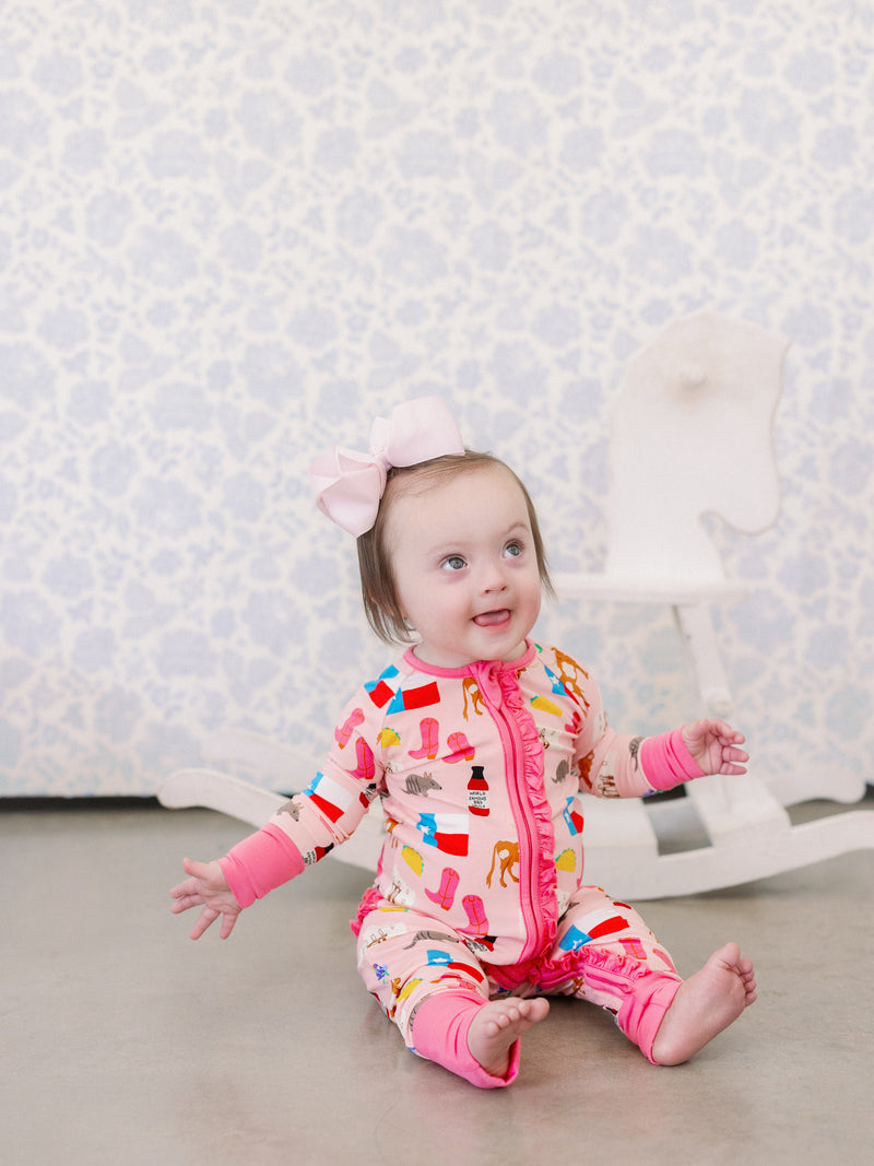 Pink Texas Forever Bamboo Ruffle Romper I Poppy Kids Co
