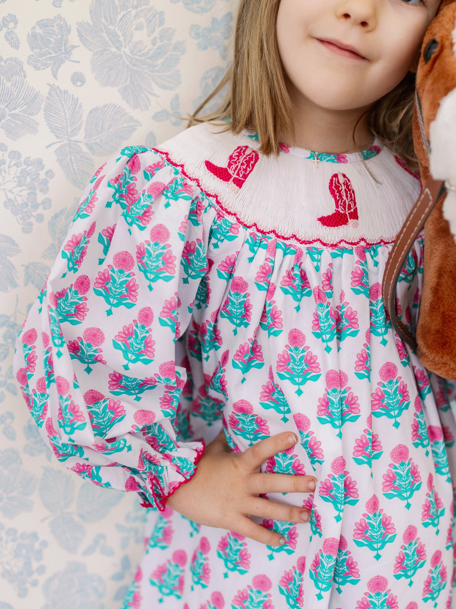 Pink Block Print Cowgirl Boots Smocked Dress I Poppy Kids Co Pink Block Print Cowgirl Boots Smocked Dress I Poppy Kids Co