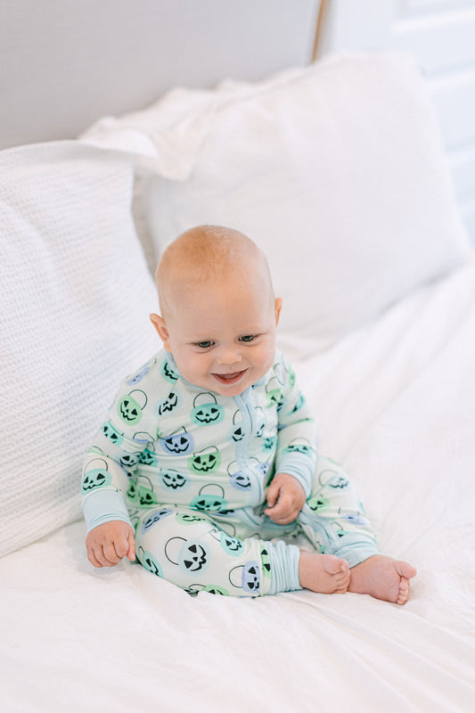 Green Halloween Bucket Premium Zipper Romper