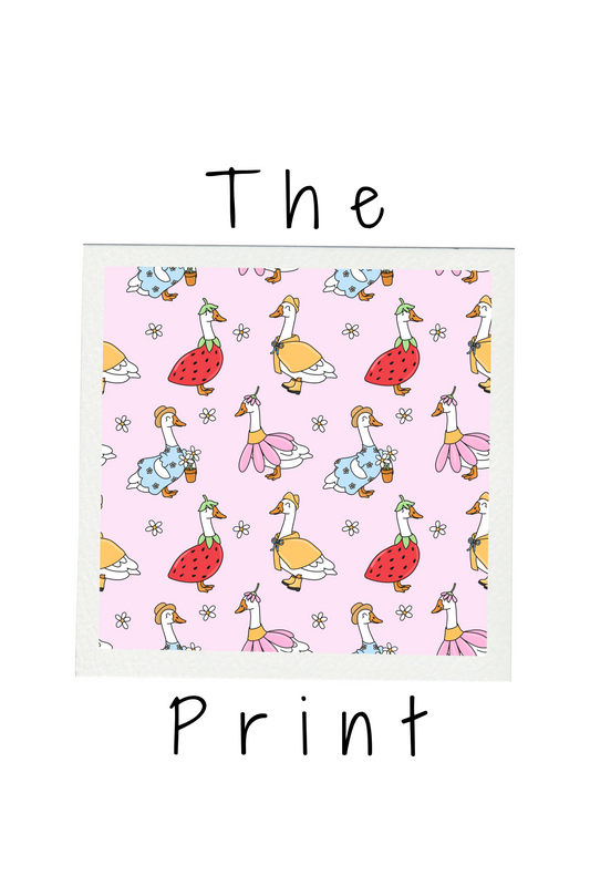 Pattern of cartoon geese and strawberries on a pink background with 'The Print' text.