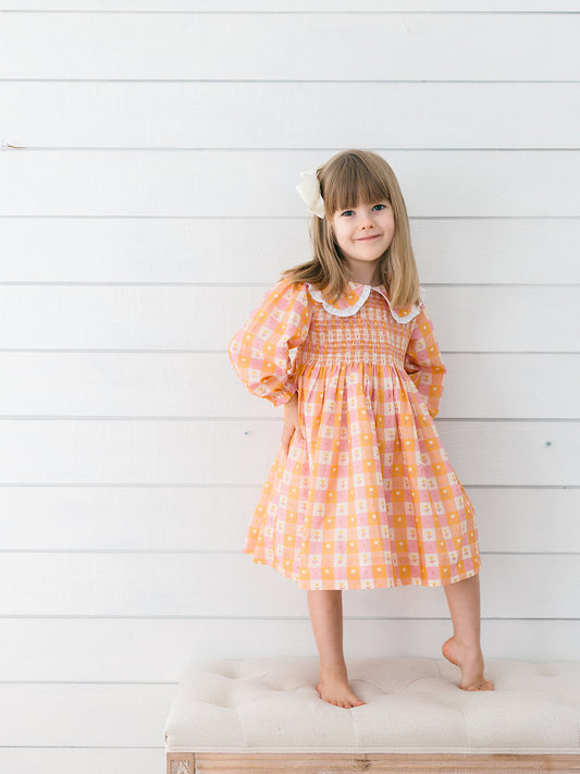 A little girl wearing a smocked fall dress