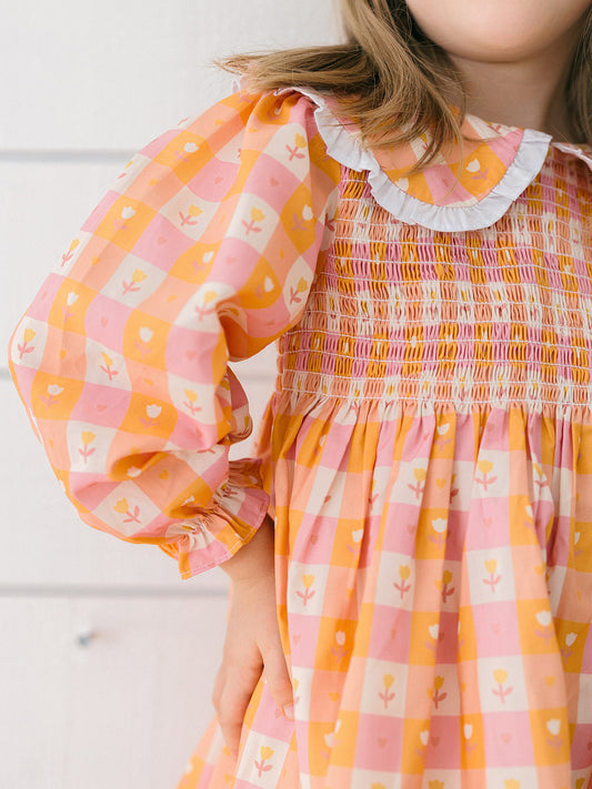 A little girl wearing a smocked fall dress