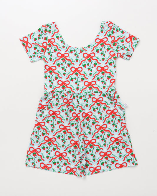 Blue and red bow strawberry print bamboo outfit