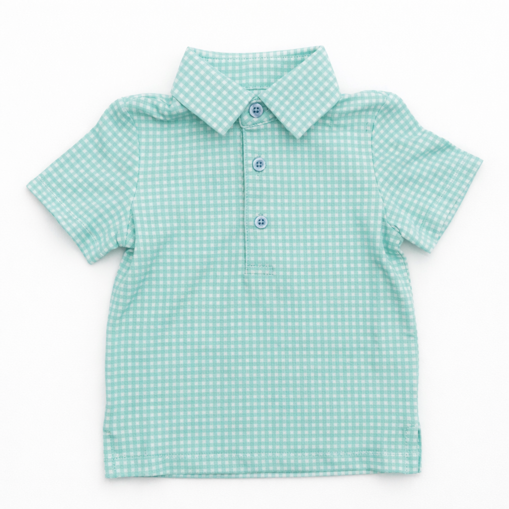 Mint green and white gingham short-sleeve polo shirt with a classic collar and three-button placket, laid flat on a white background.