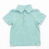 Mint green and white gingham short-sleeve polo shirt with a classic collar and three-button placket, laid flat on a white background.