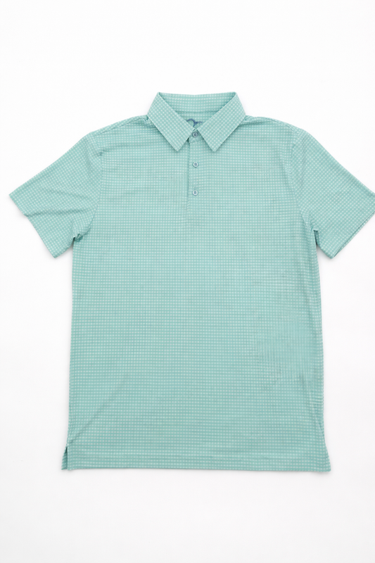 Light blue checkered polo shirt on a white background