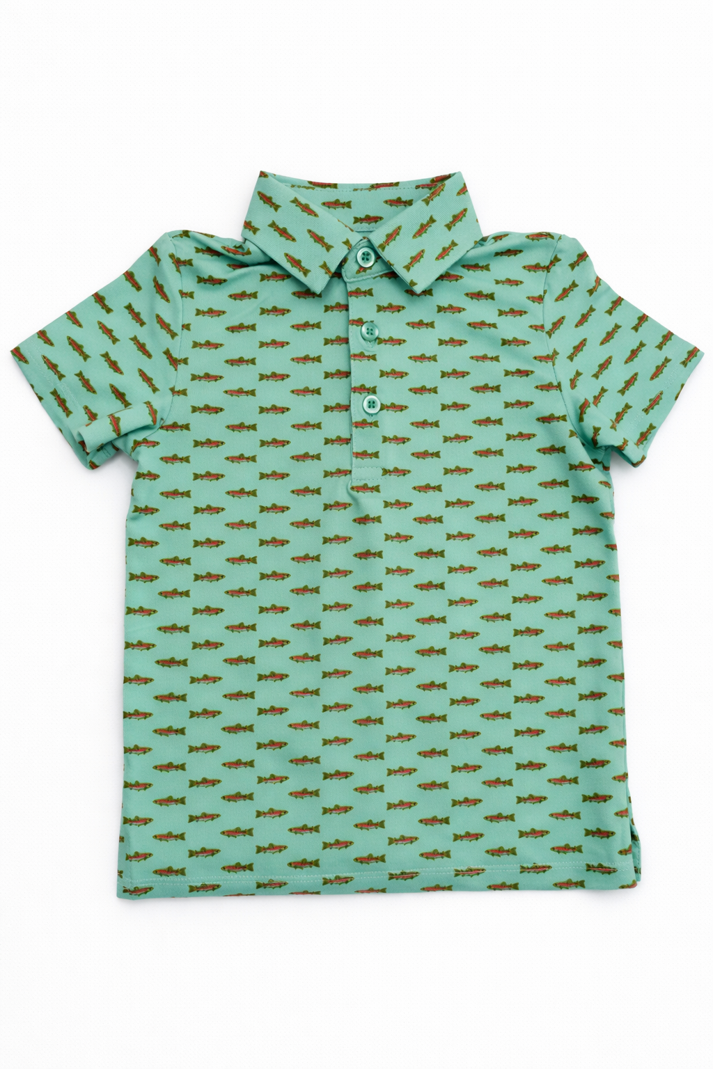 Green fish polo shirt for boys with small pattern on a white background