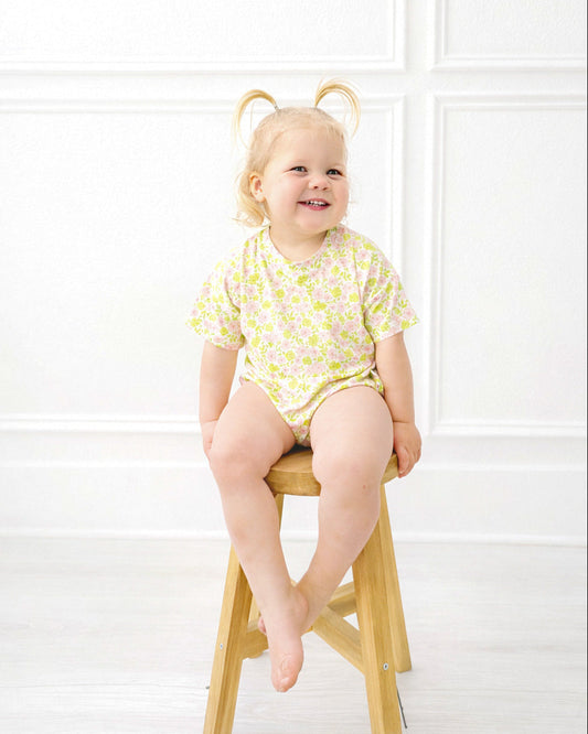 toddler in pink and green floral bamboo t shirt bubble