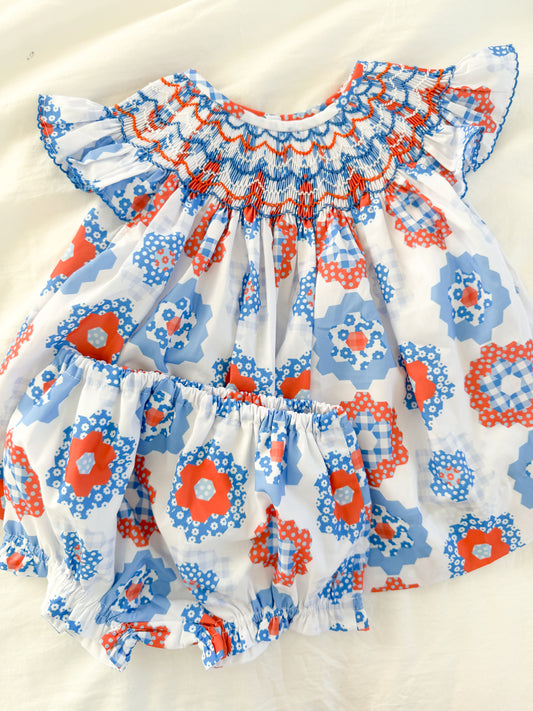 Red, White and blue hand smocked diaper cover set