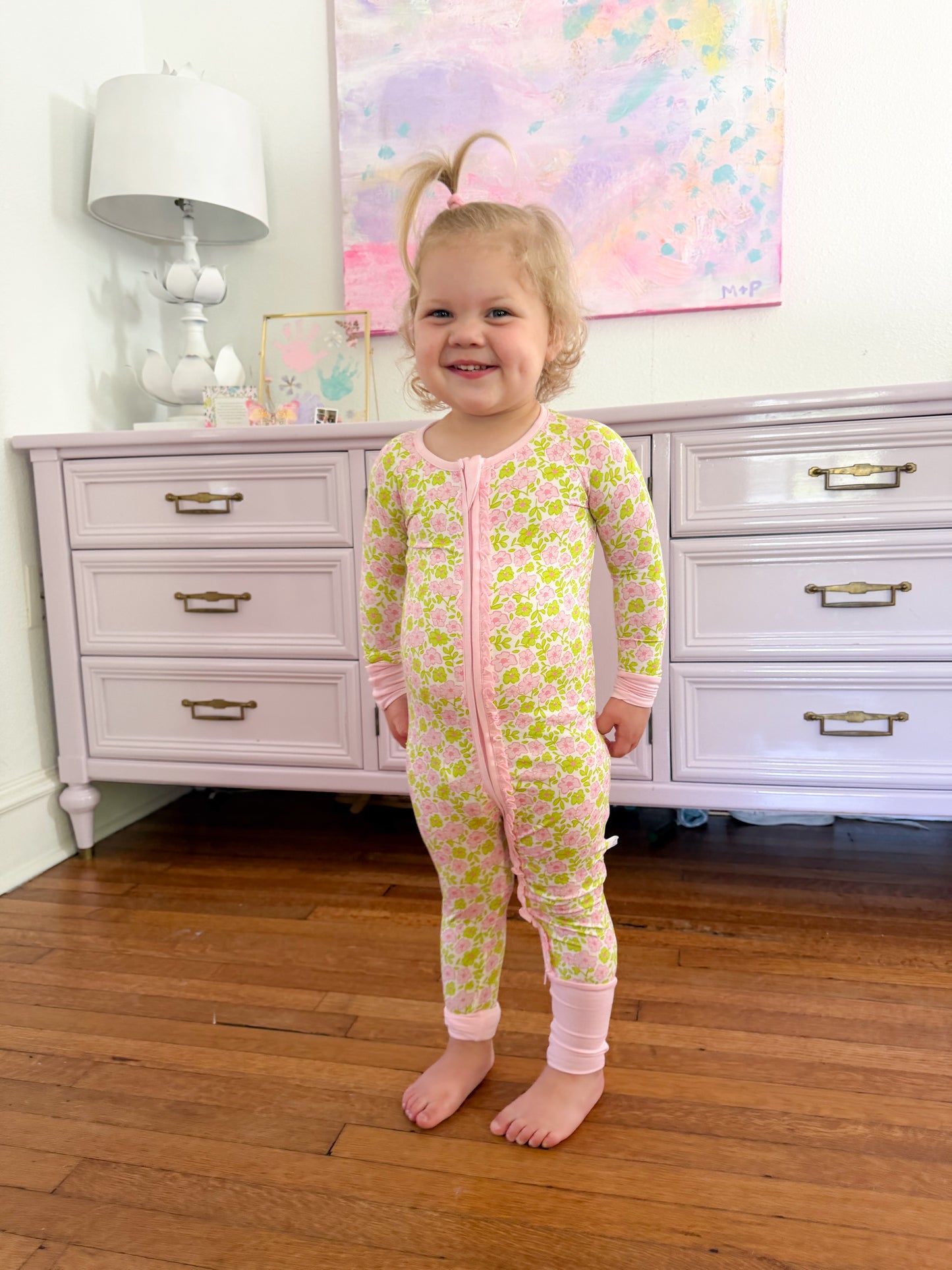 Pink and Green Floral Ruffle Romper