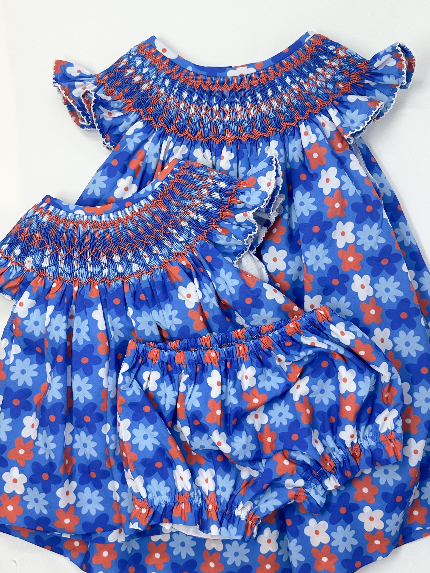 Smocked floral red white and blue dress  and bloomer set for toddler and young girls 