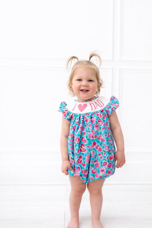 hand smocked pink and blue floral I love dad baby and toddler bubble