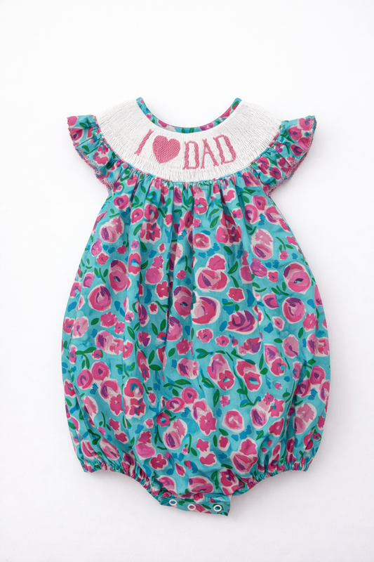 hand smocked pink and blue floral I love dad baby and toddler bubble